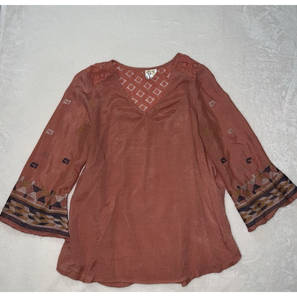 Fig and Flower Rust Terracotta Boho Crochet V-Neck Embroidered Bell Sleeve Top L